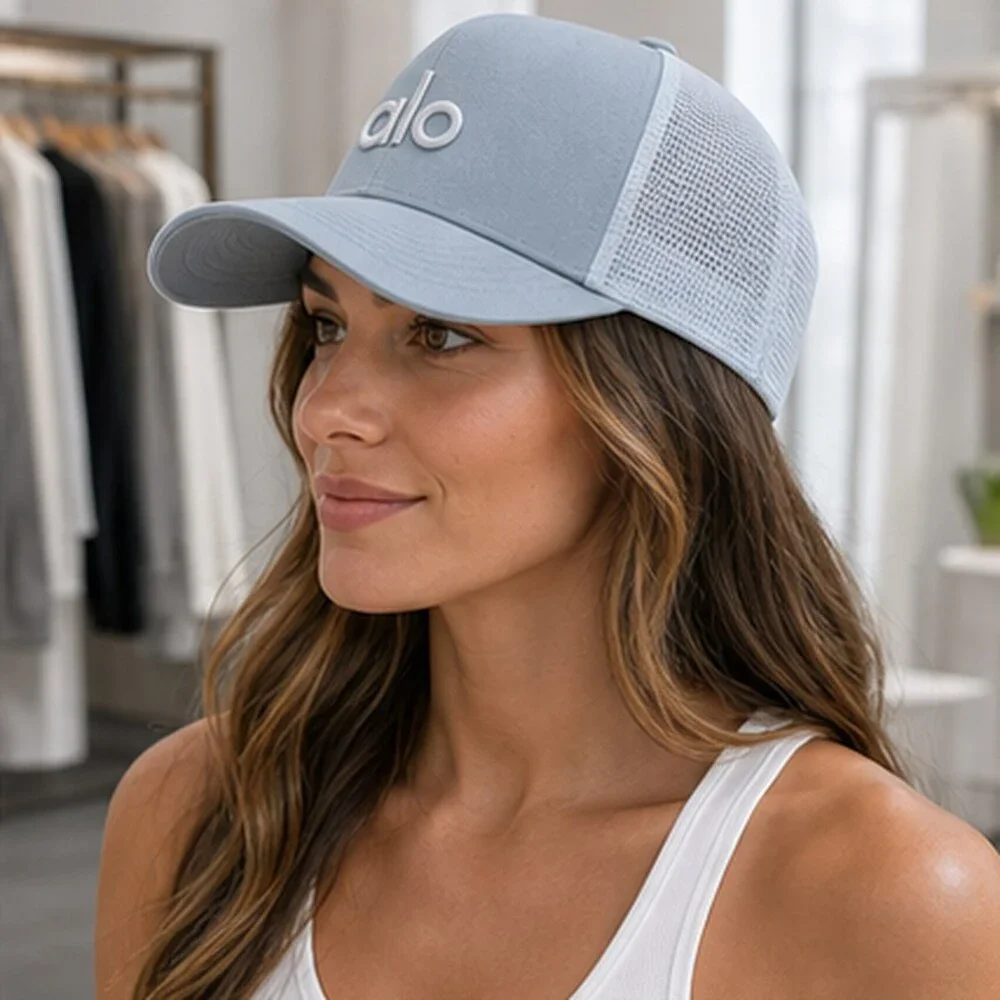 ALO Yoga Mist Blue Gray Pilates Mesh Trucker Cap Hat Logo